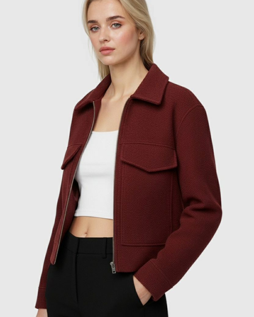 Wine red Lumina Wear Victoria zip-up jacket with vintage lapel, stylish women's jacket featuring a chic design and modern fit.