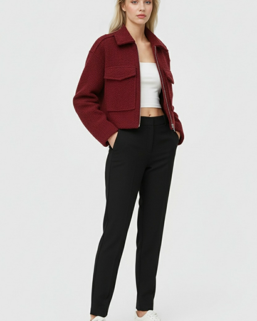Wine red Lumina Wear Victoria zip-up jacket with vintage lapel, stylish women's jacket with a chic design and modern fit.