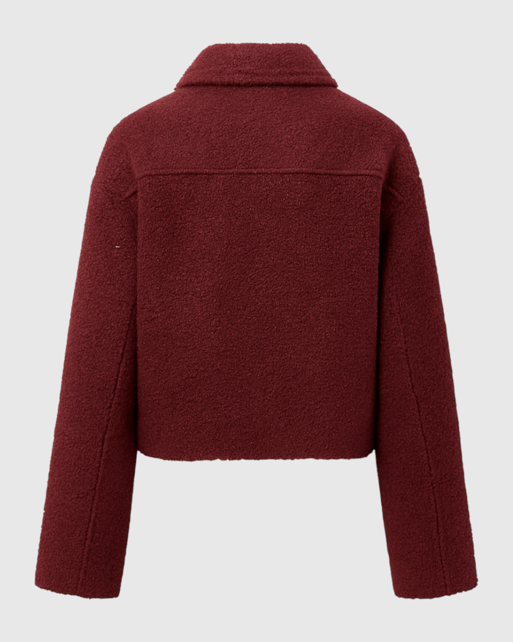 Wine red zip-up jacket with vintage lapel by Lumina Wear, styled as a chic women's jacket with a modern fit.