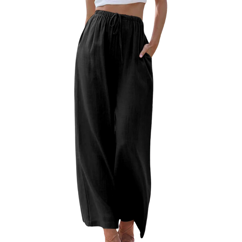 Victoria Lumina Wear black wide-leg trousers with a loose fit, shown on a model, highlighting stylish, comfortable fashion.