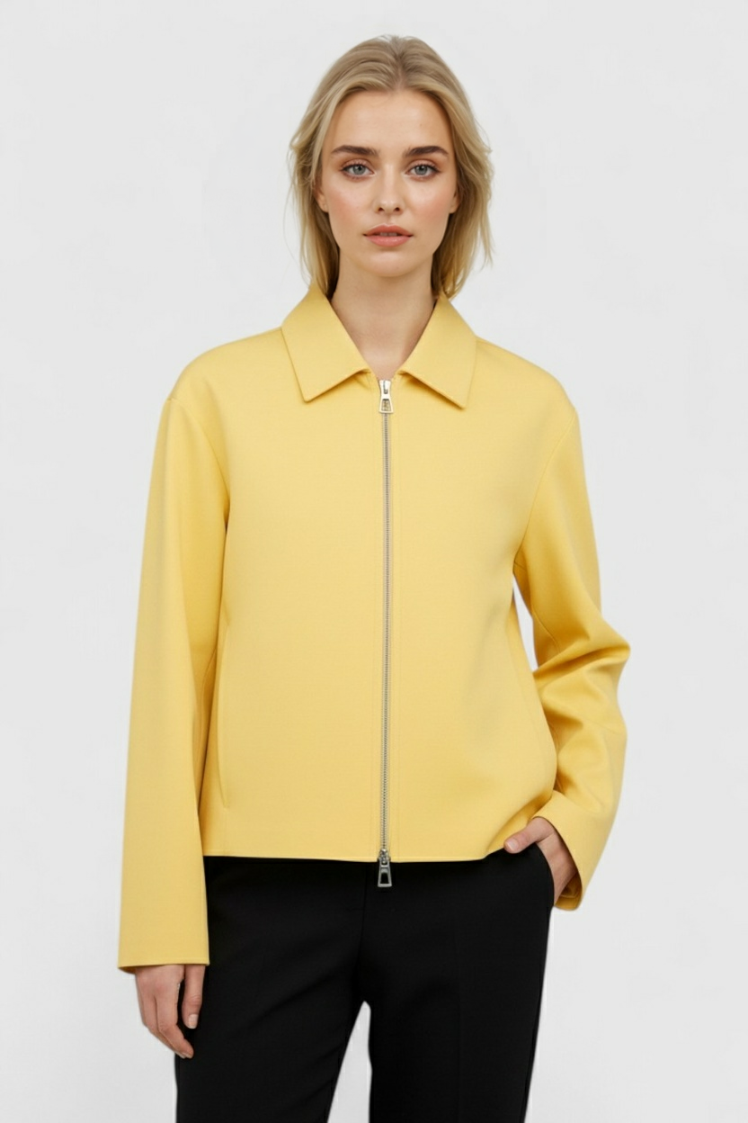Bright yellow Lumina Wear Victoria casual bomber jacket with zipper, featuring a stylish design and comfortable fit.
