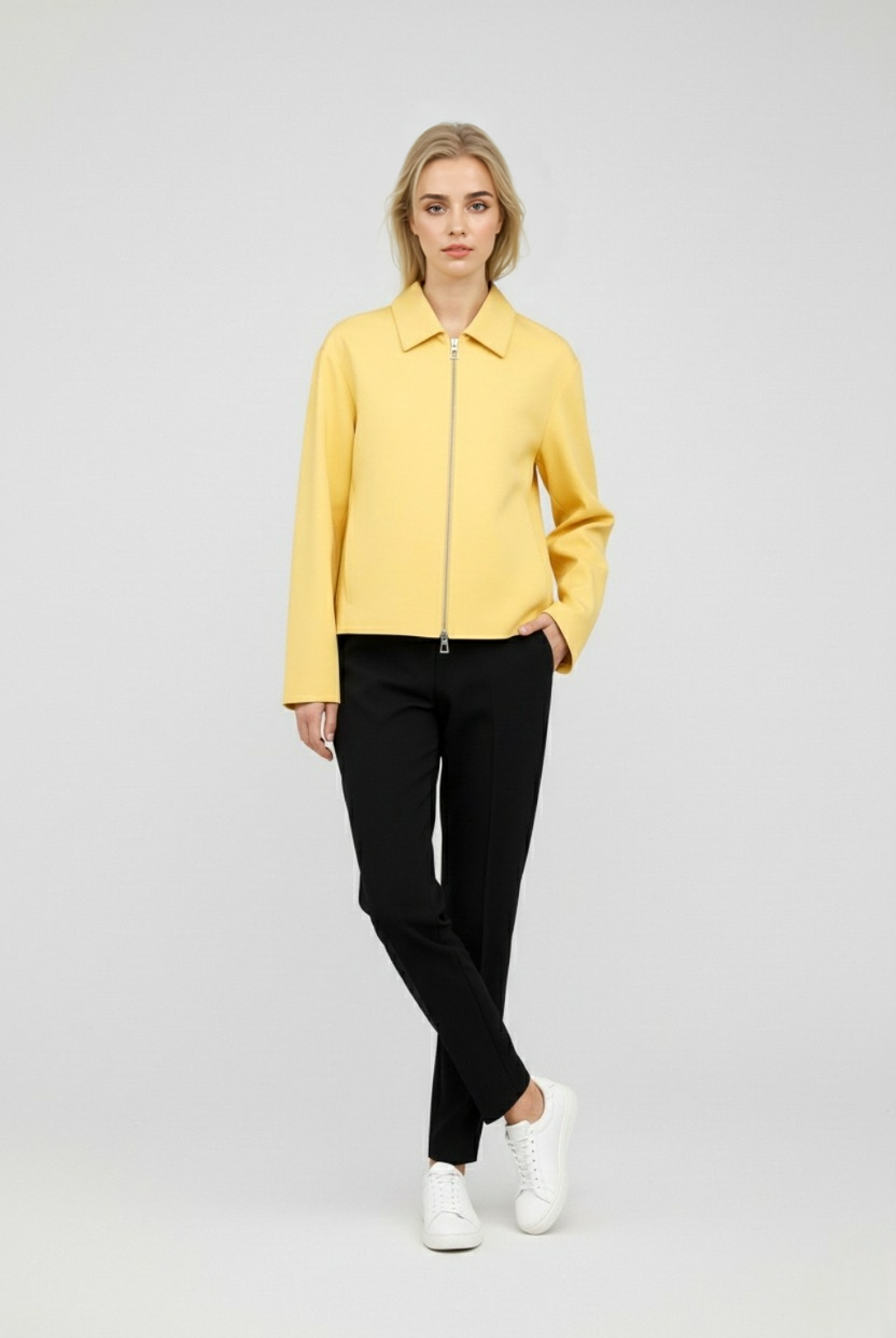 Victoria yellow casual bomber jacket with zipper from Lumina Wear, featuring a stylish, relaxed fit and lightweight design.