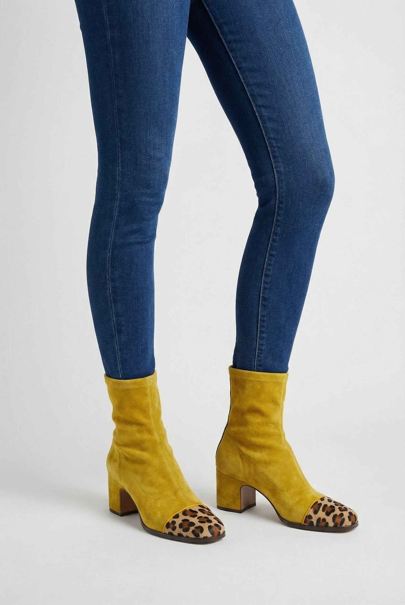 Victoria Lumina yellow mid-calf women's boots with warm lining, stylish design, and block heel for cold weather wear.