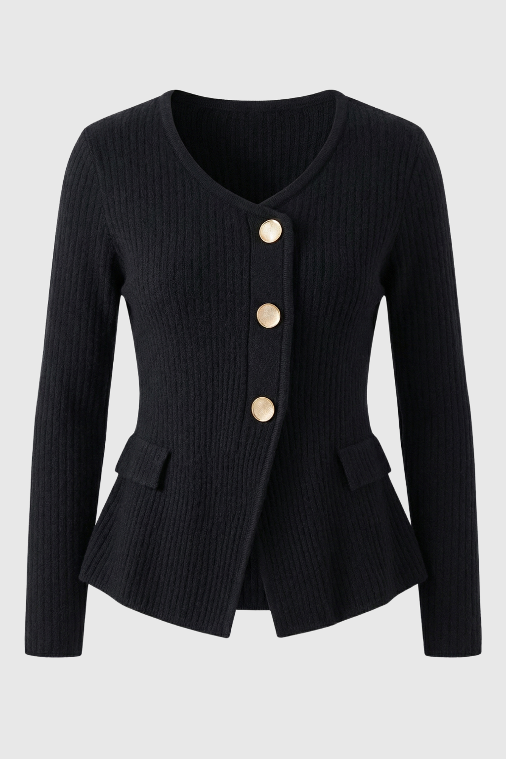 Black knit cardigan for women by Lumina Wear featuring ribbed details, styled casually with long sleeves and a cozy fit.