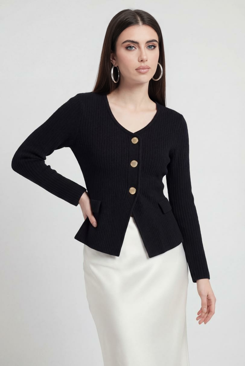 Black knit cardigan for women by Lumina Wear featuring cozy fabric and ribbed details, styled with long sleeves.