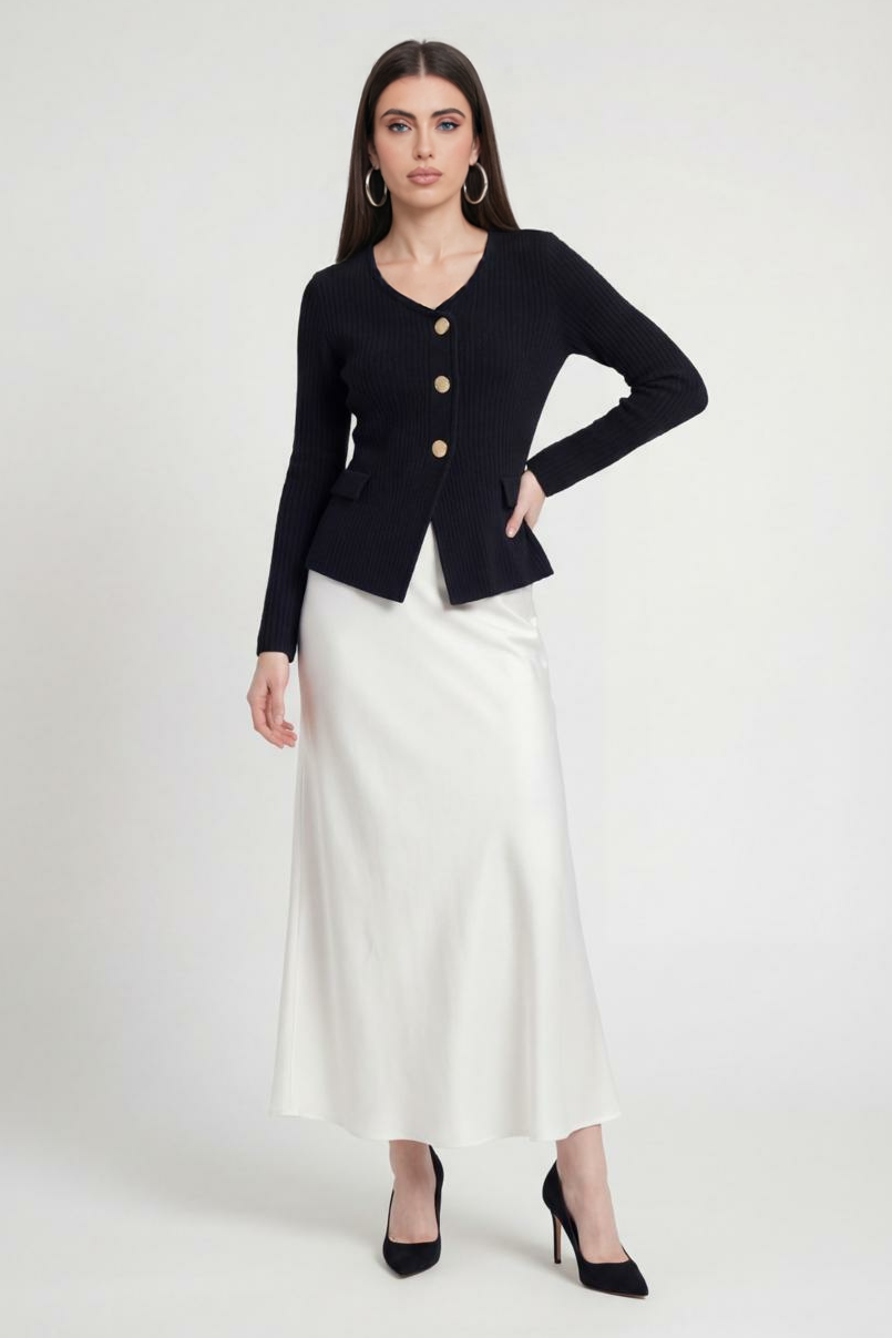Black knit cardigan for women by Lumina Wear featuring ribbed details and cozy fabric, perfect for casual and layered styles.