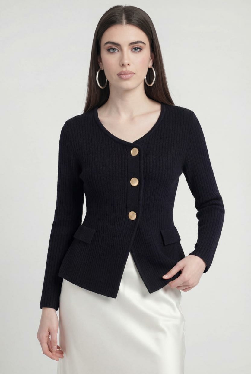 Victoria black knit cardigan with ribbed details, women's cozy sweater by Lumina Wear, featuring soft, textured fabric and a relaxed fit.