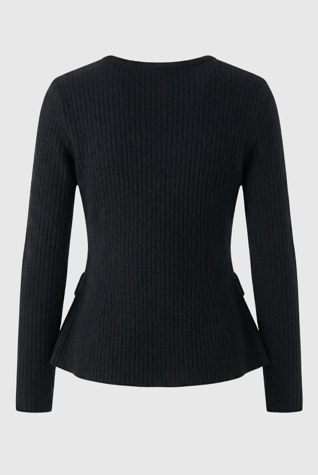 Lumina Wear Victoria cozy black knit cardigan with ribbed details, women's long-sleeve knitwear, stylish and comfortable.