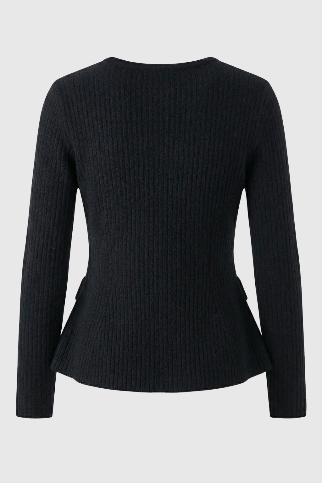 Lumina Wear Victoria cozy black knit cardigan with ribbed details, women's long-sleeve knitwear, stylish and comfortable.
