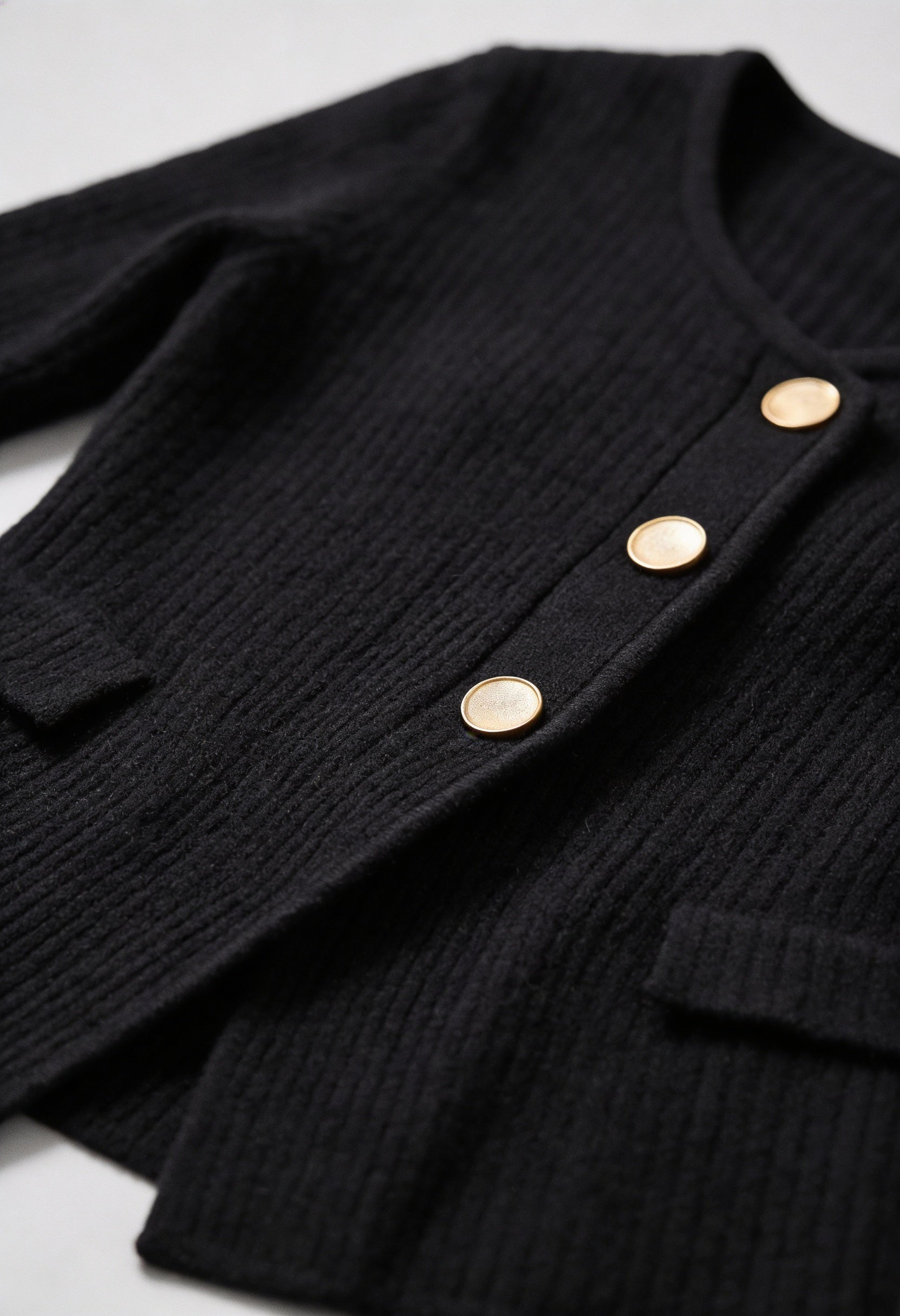 Black knit cardigan for women with ribbed details, from Lumina Wear's Victoria collection. Cozy and stylish women's cardigan.