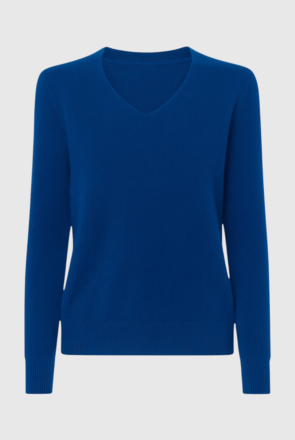 Dark blue Victoria Lumina Wear V-neck sweater with a cozy, flattering fit, shown on a model.