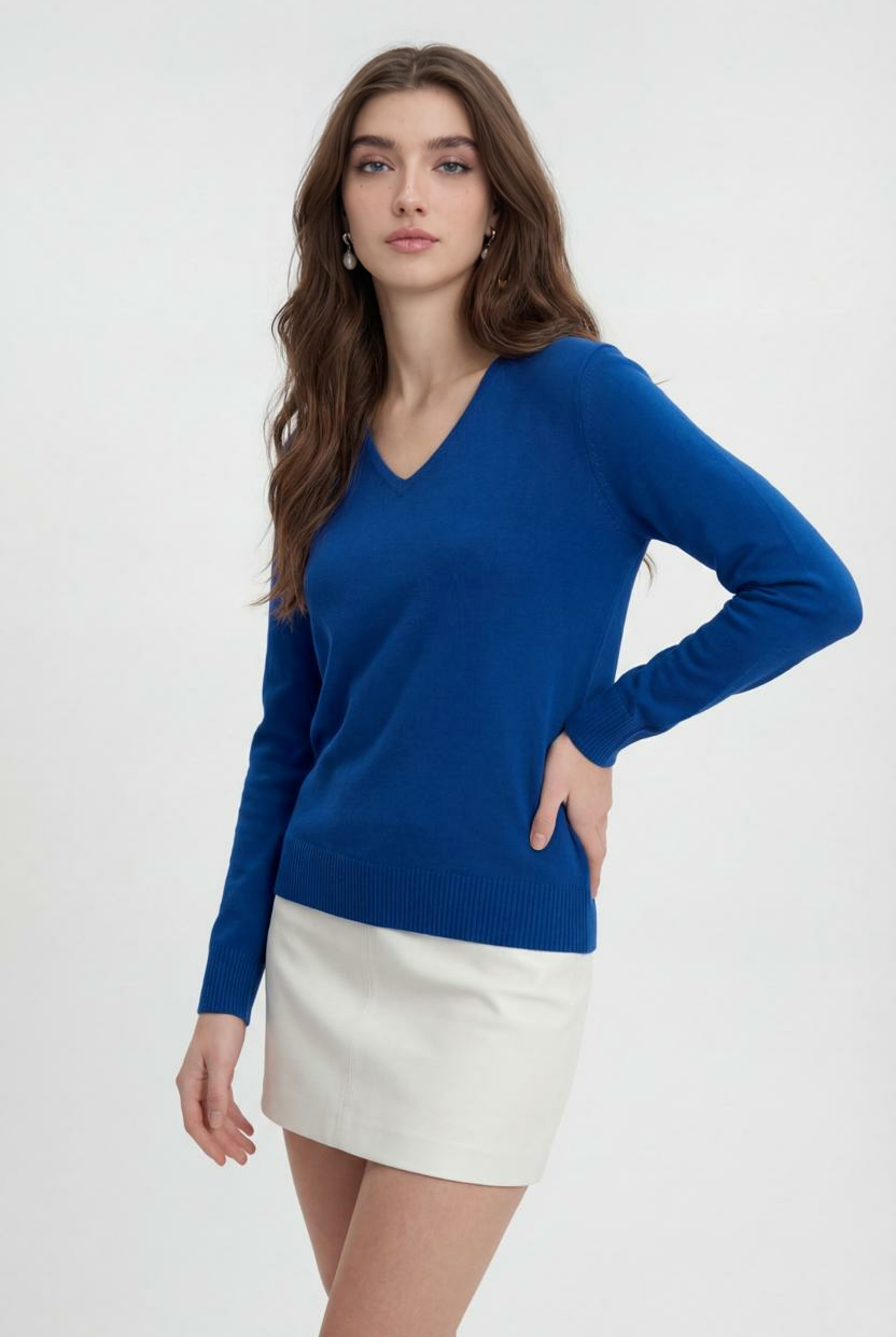 Dark blue Victoria Lumina Wear V-neck sweater with a cozy fit, perfect for casual or office wear, shown on a model.