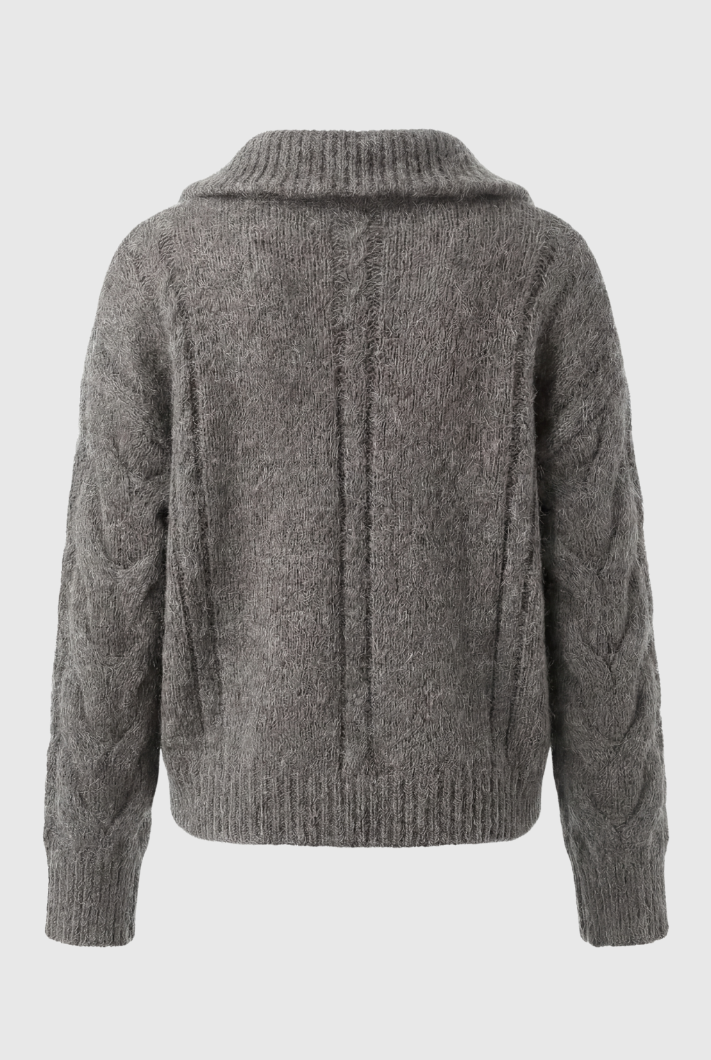 Victoria gray cardigan sweater with zipper detail by Lumina Wear, showing a cozy knit with front zipper and ribbed cuffs.