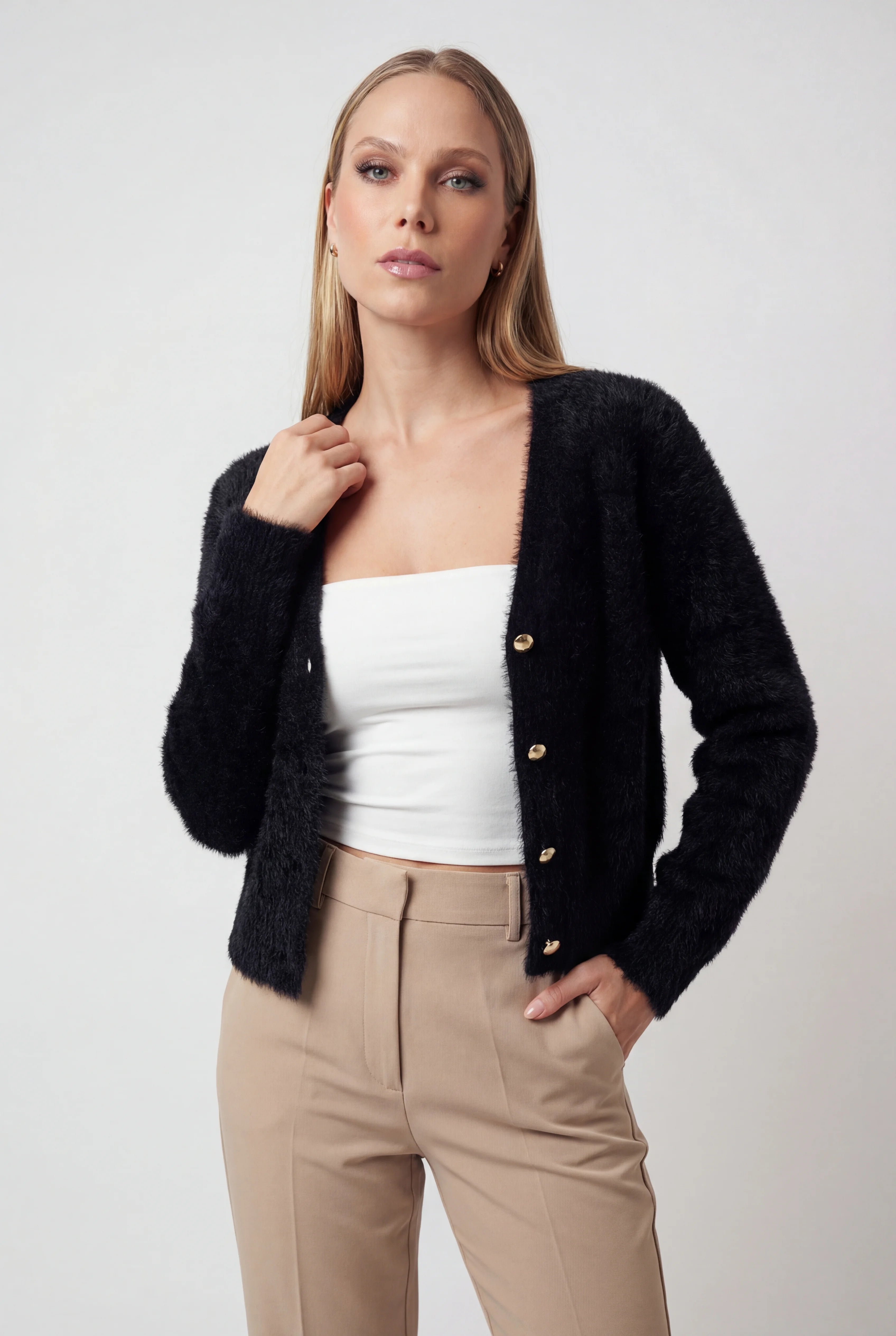 Victoria Lumina black long cardigan sweater with open front, cozy fit, perfect for layering and casual wear.