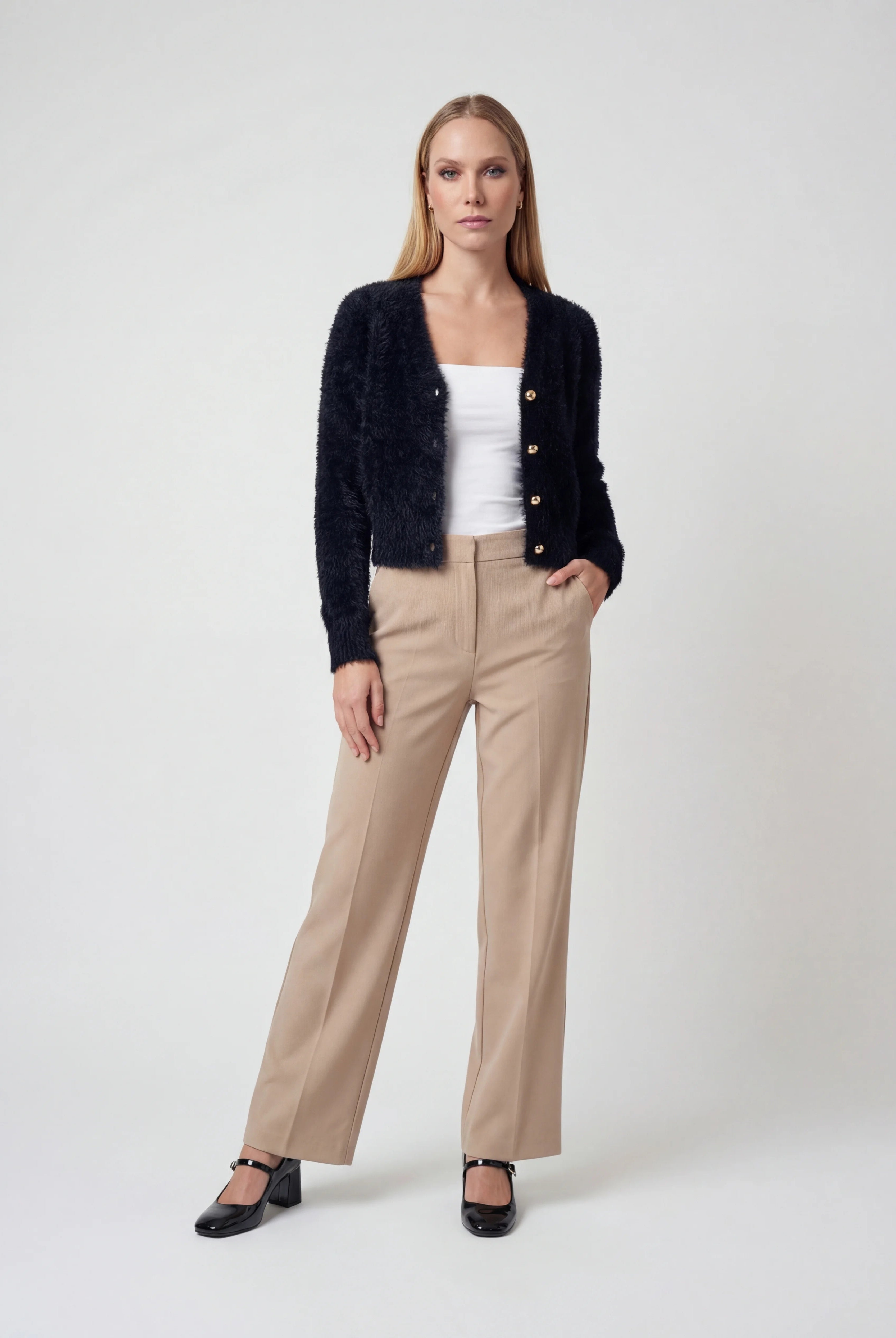 Victoria cozy long black cardigan sweater with open front design by Lumina Wear, featuring a relaxed fit and soft knit fabric.