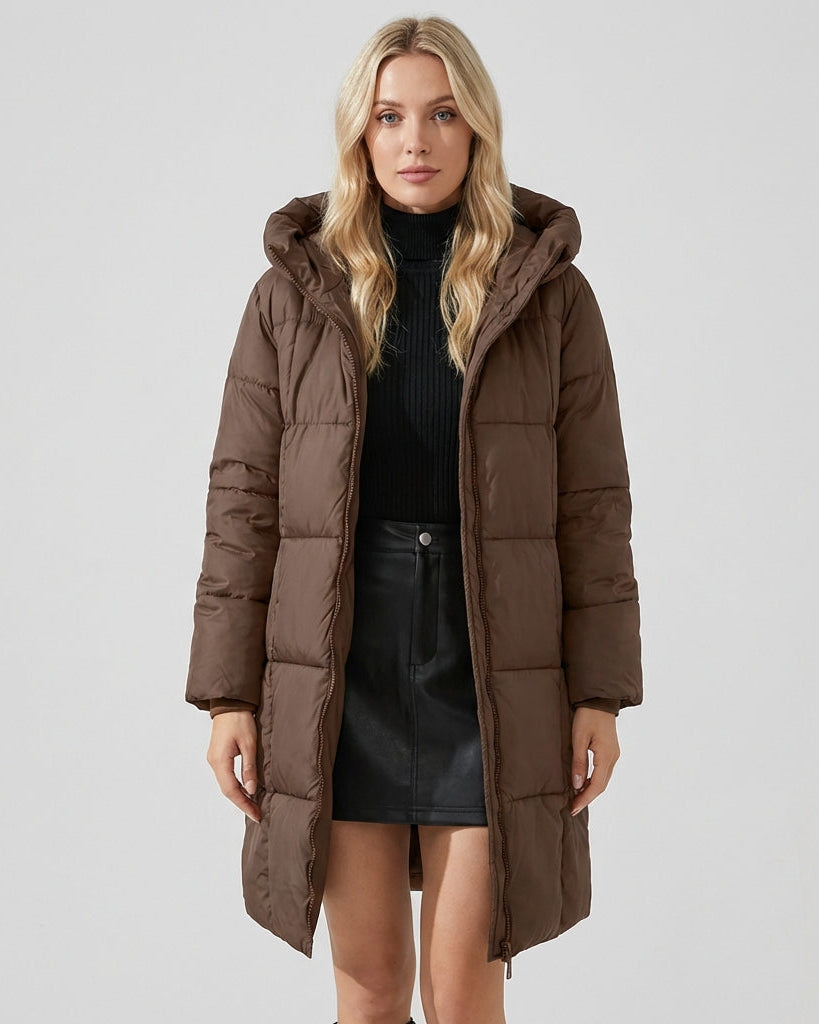 Red-brown Victoria Lumina Wear longline hooded puffer coat with practical pockets, cozy and warm for cold weather.