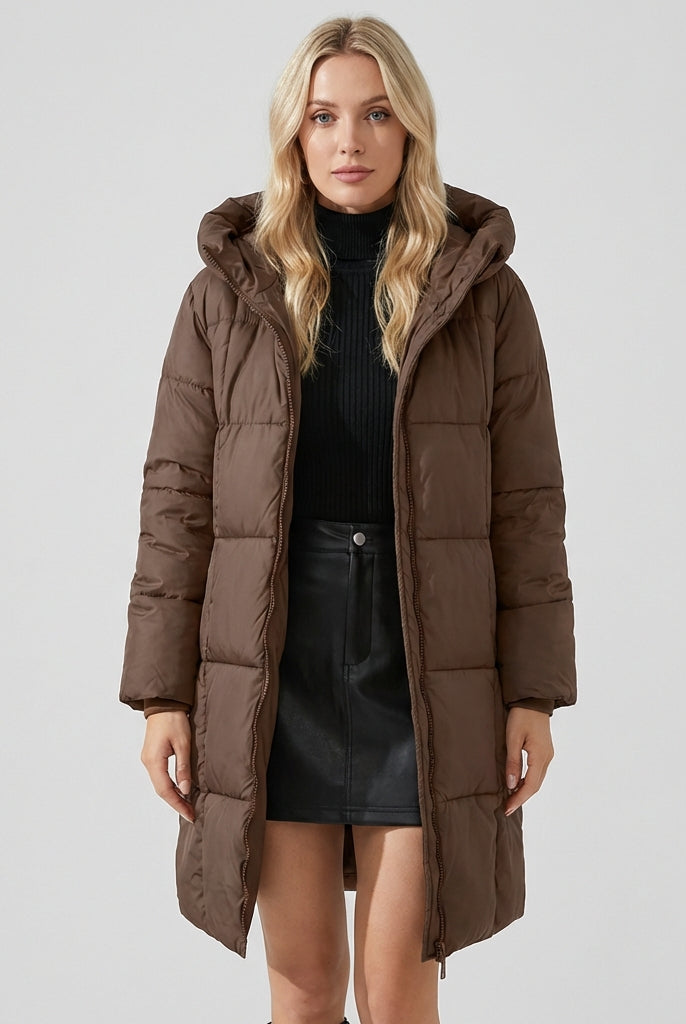 Red reddish-brown Lumina Wear Victoria longline hooded puffer coat with practical pockets, cozy and stylish for cold weather.