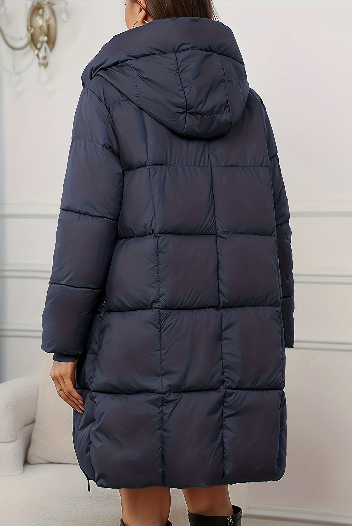 Lumina Wear Victoria cozy longline hooded puffer coat in reddish-brown with practical pockets, stylish winter outerwear.