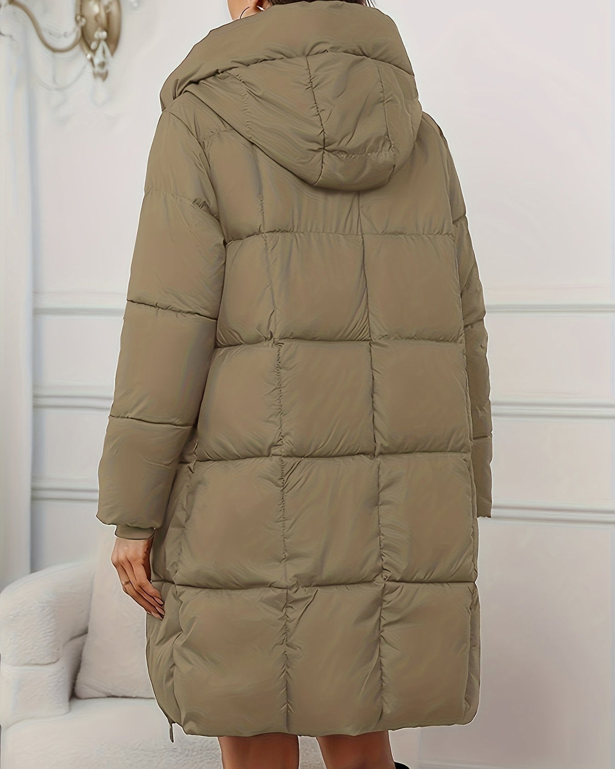 Red reddish-brown Lumina Wear Victoria longline hooded puffer coat with practical pockets, stylish winter coat for cold weather.