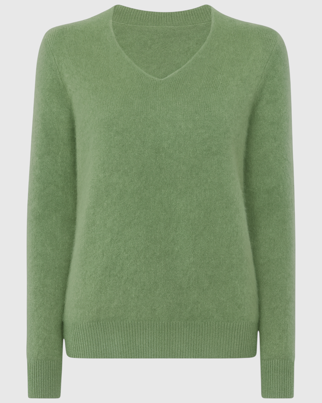 Victoria Lumina Wear cozy olive green sweater with flattering V-neck, soft knit, and long sleeves.