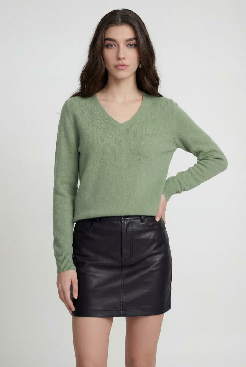 Olive green Lumina Wear Victoria cozy sweater with flattering V-neck, long sleeves, and soft knit fabric, front view.