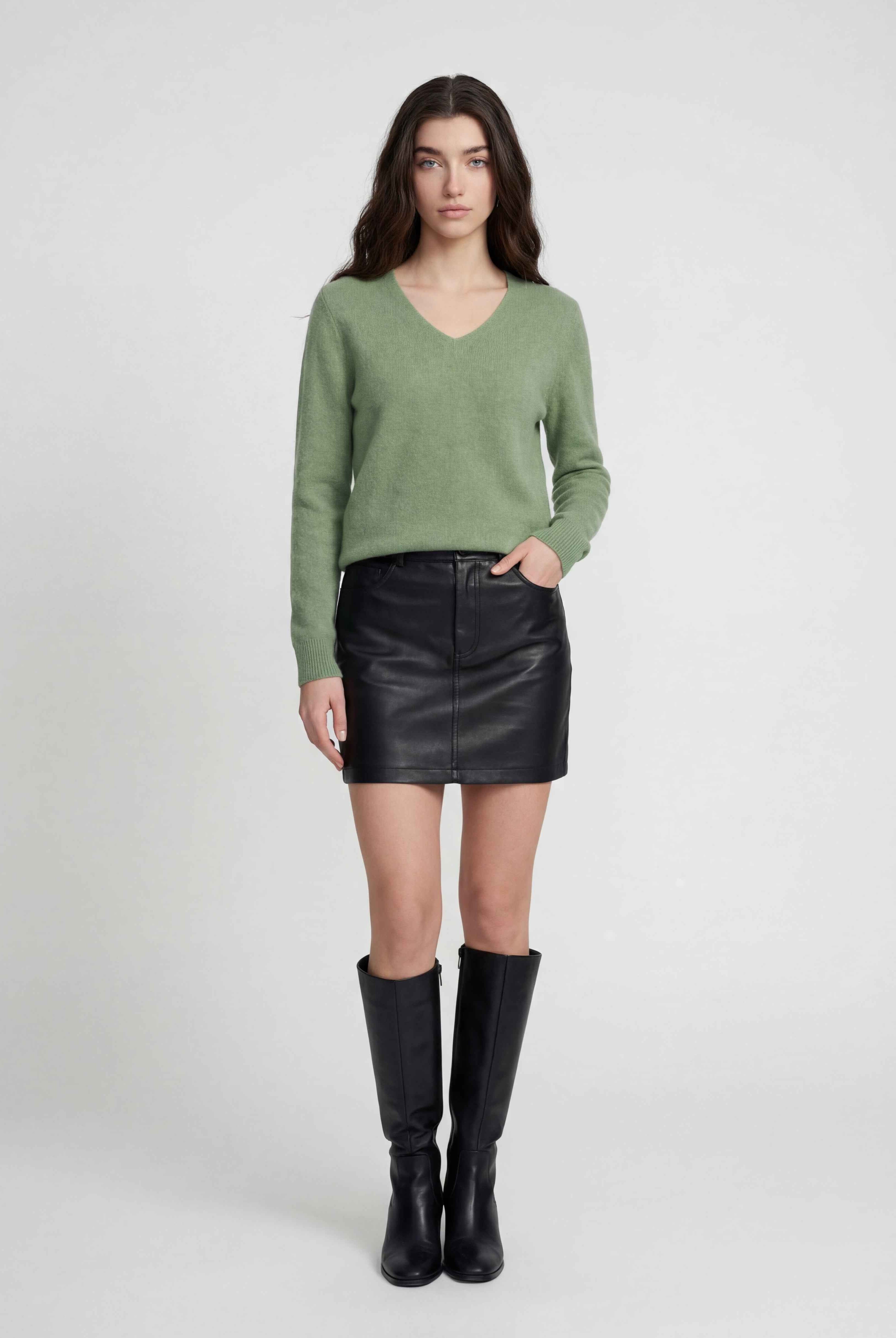 Olive green Lumina Wear Victoria cozy sweater with flattering V-neck, soft knit, and relaxed fit, ideal for casual styling.