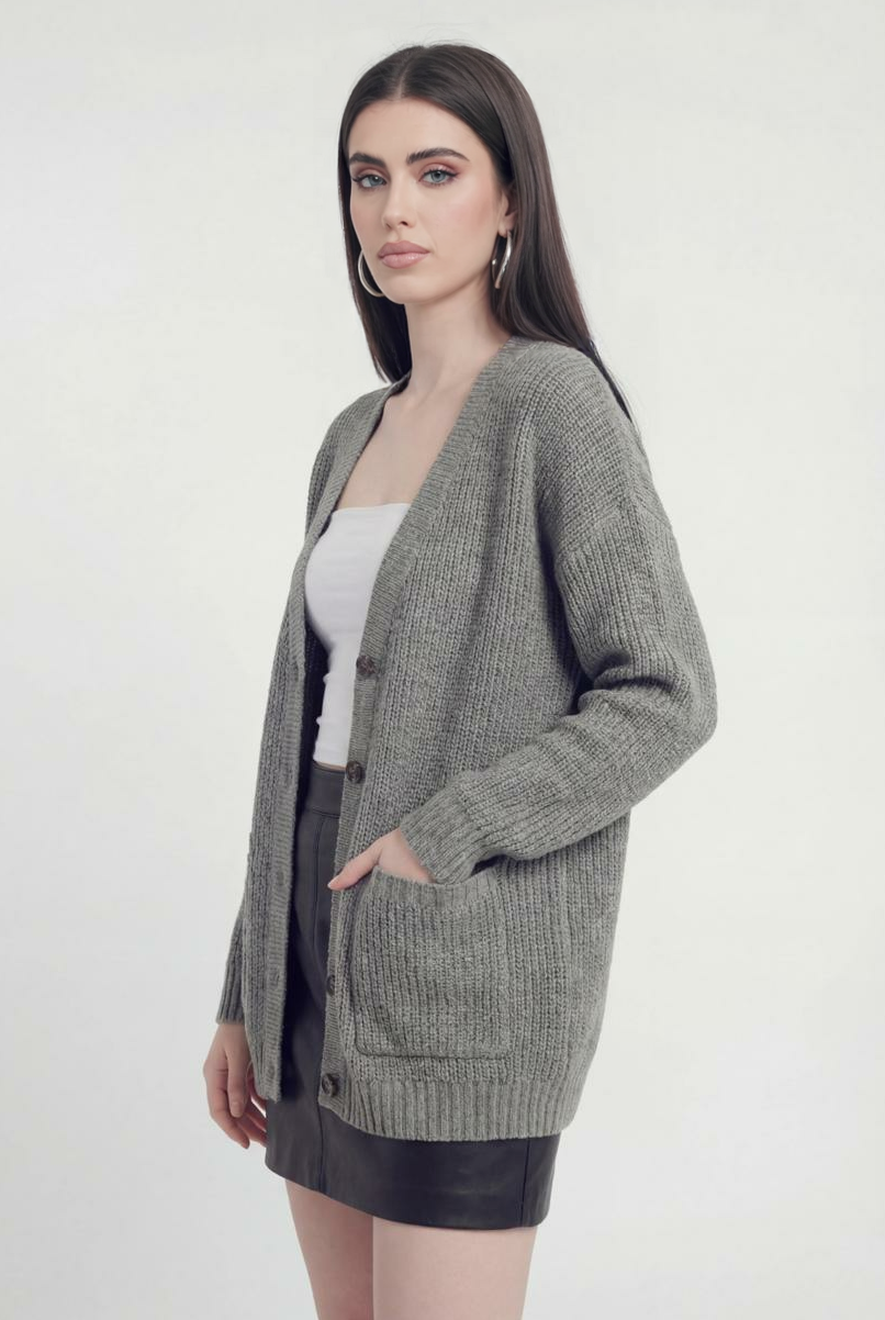 Grey Lumina Wear Victoria oversized long cardigan with ribbed detailing, cozy and relaxed fit, perfect for layering.