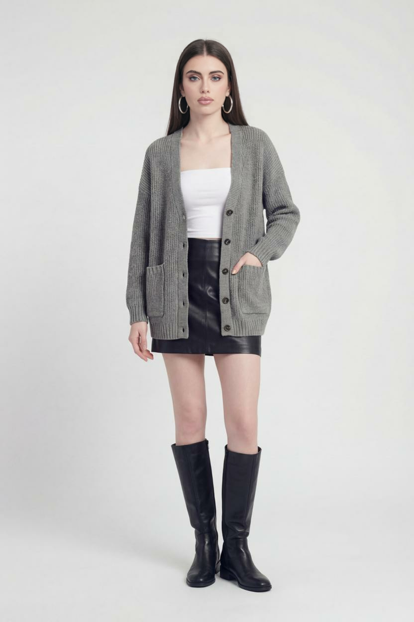 Grey Victoria Lumina Wear oversized long cardigan with ribbed details, cozy sweater perfect for layered fall and winter outfits.