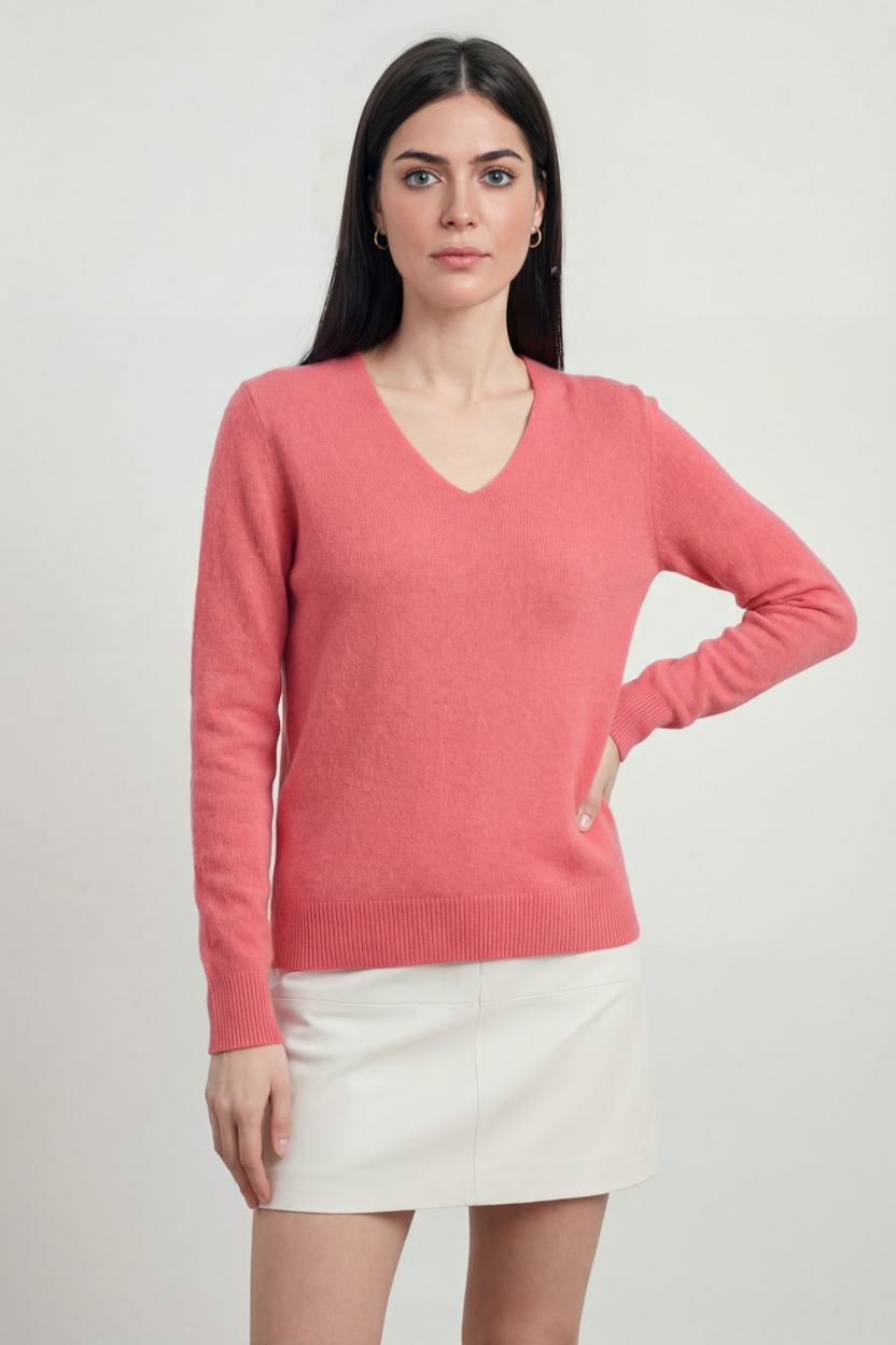 Victoria Lumina pink-red V-neck sweater with a cozy, flattering fit, featuring soft knit fabric and stylish design.