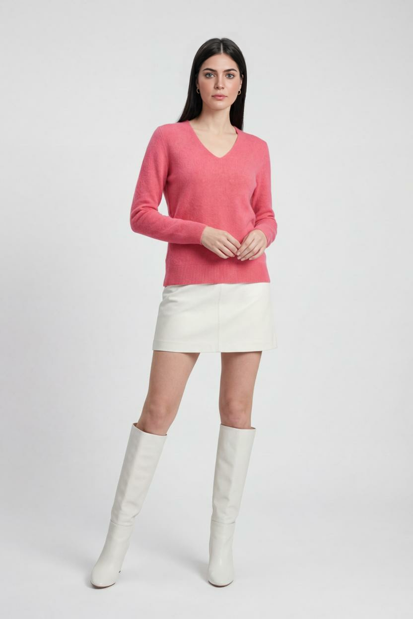 Victoria Lumina Wear cozy pink-red v-neck sweater with flattering fit, displayed on a neutral background.