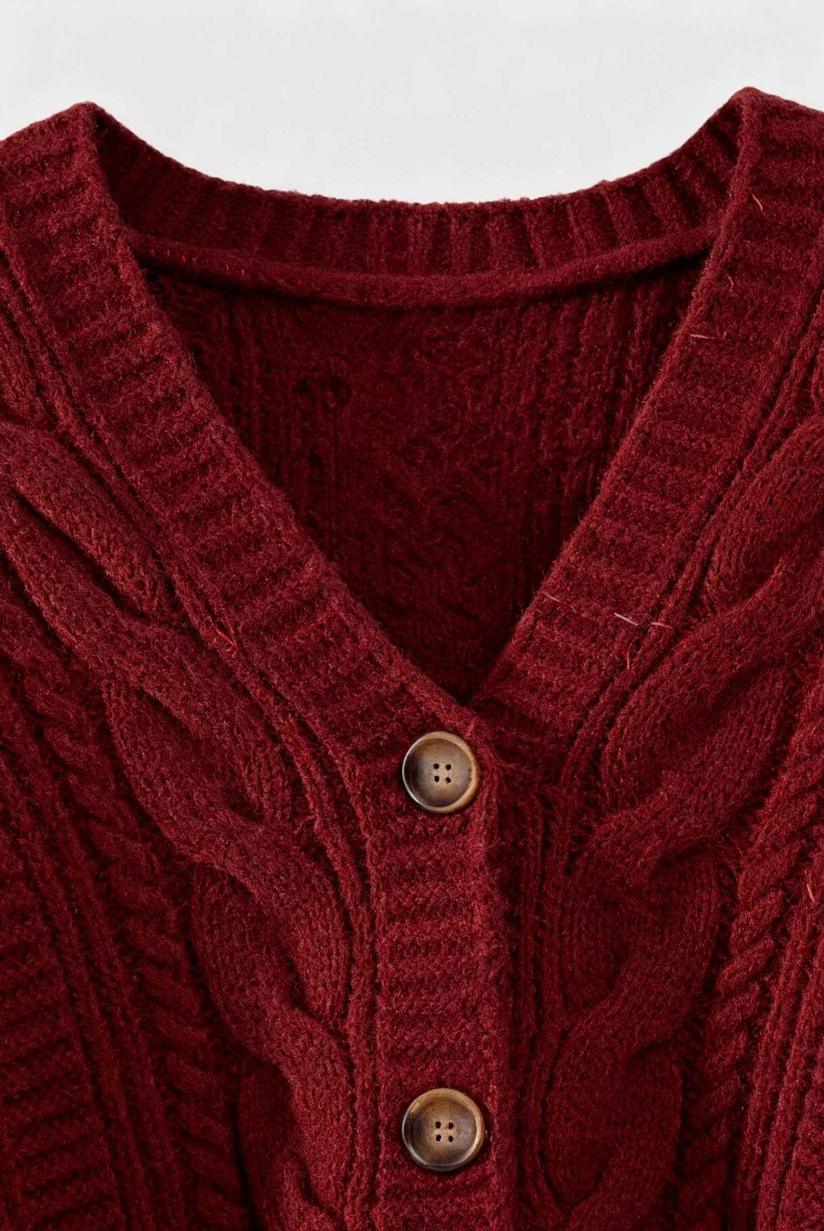 Victoria cozy red long cardigan with ribbed details by Lumina Wear, featuring a soft knit fabric and relaxed fit.