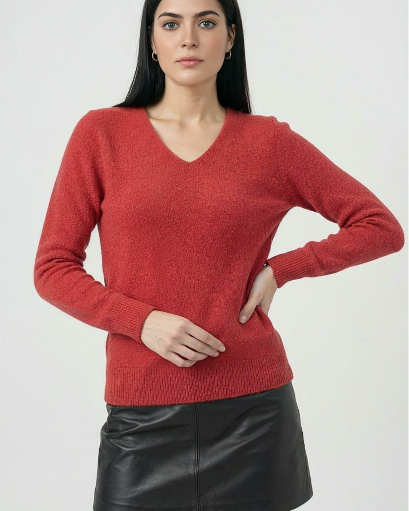 Lumina Wear Victoria cozy red sweater with flattering fit, long sleeves, and soft knit fabric, perfect for casual wear.