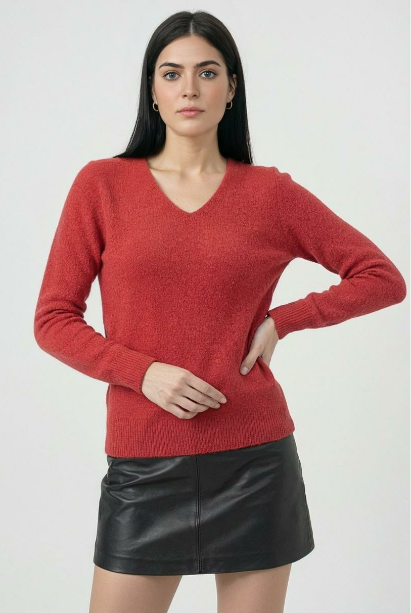 Lumina Wear Victoria cozy red sweater with a flattering fit, featuring soft knit fabric and long sleeves, perfect for casual wear.