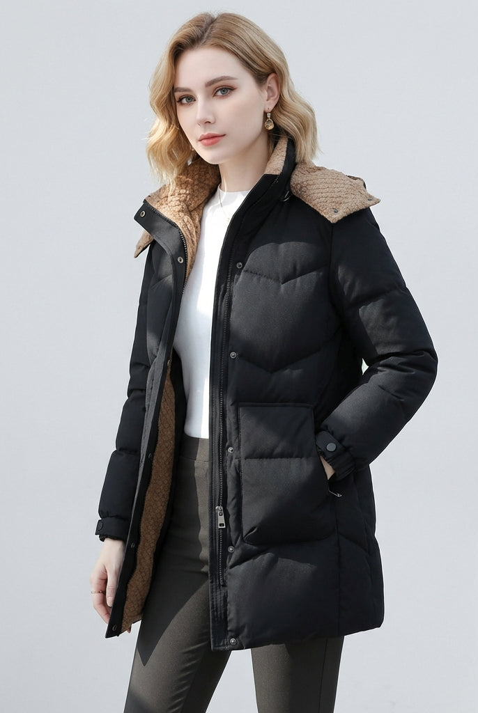 Victoria Lumina Wear cozy sherpa-collar hooded puffer coat in black, lightweight insulated winter jacket for cold weather.