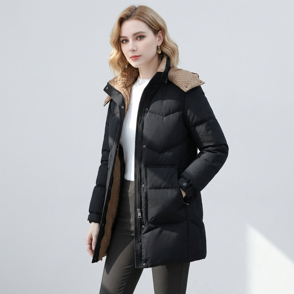 Victoria Lumina Wear cozy sherpa-collar hooded puffer coat in black, lightweight insulated winter jacket for cold weather.