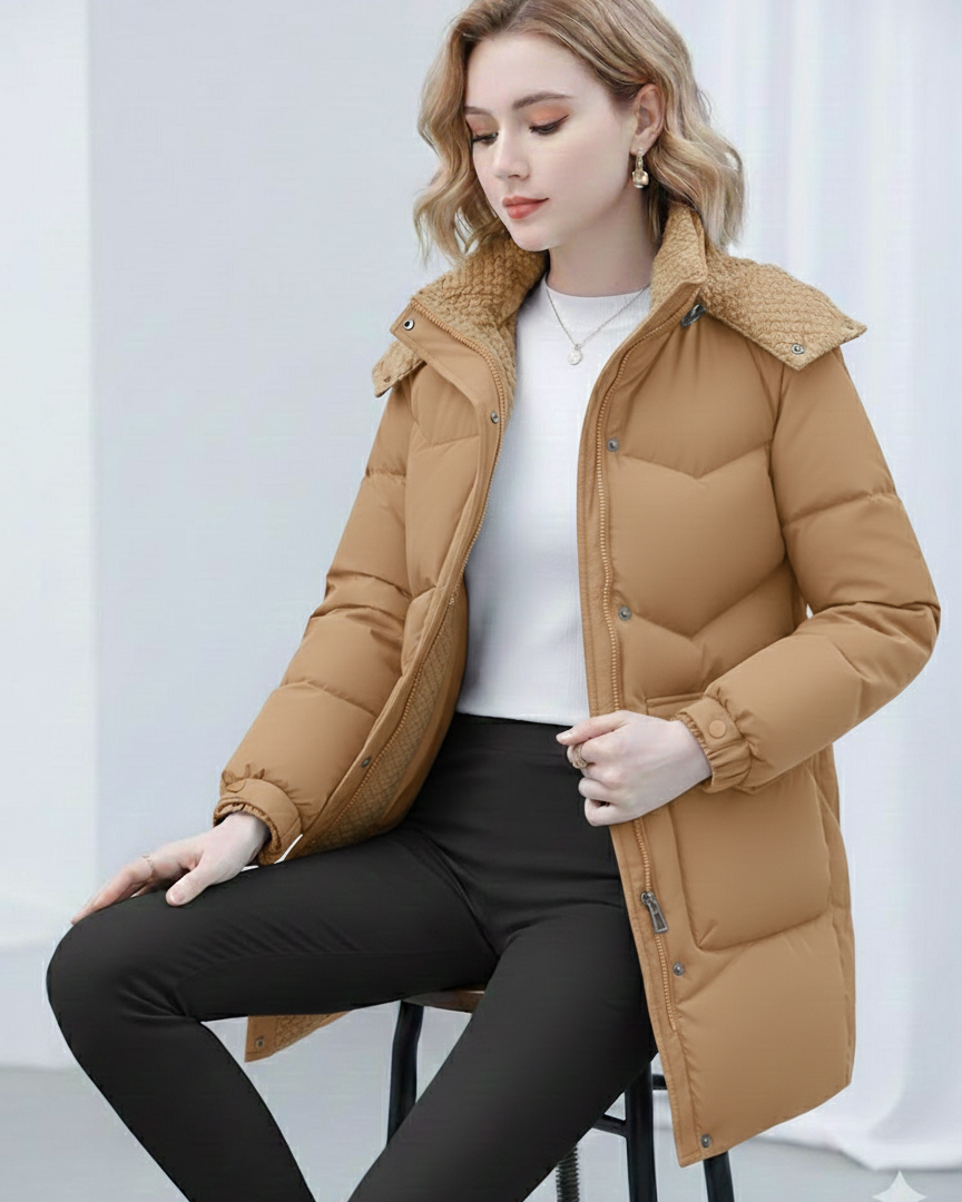 Lumina Wear Victoria cozy sherpa-collar hooded puffer coat in black, lightweight and insulated for warmth and comfort.