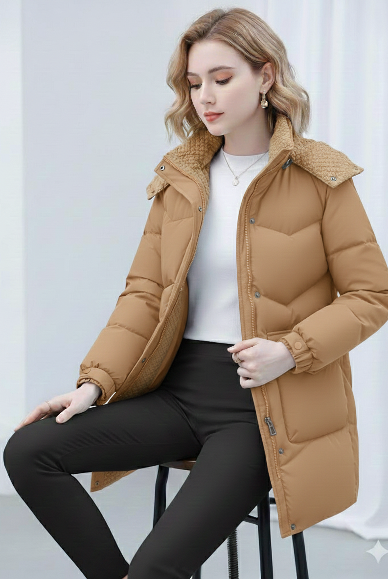 Lumina Wear Victoria cozy Sherpa-collar hooded puffer coat in black, lightweight winter jacket with insulated design and hood.