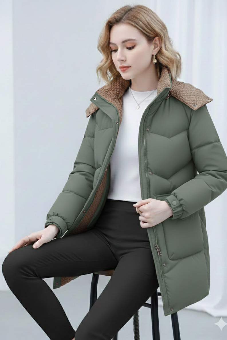 Black Victoria Lumina Wear cozy sherpa-collar hooded puffer coat, lightweight with insulated padding and a warm hood.