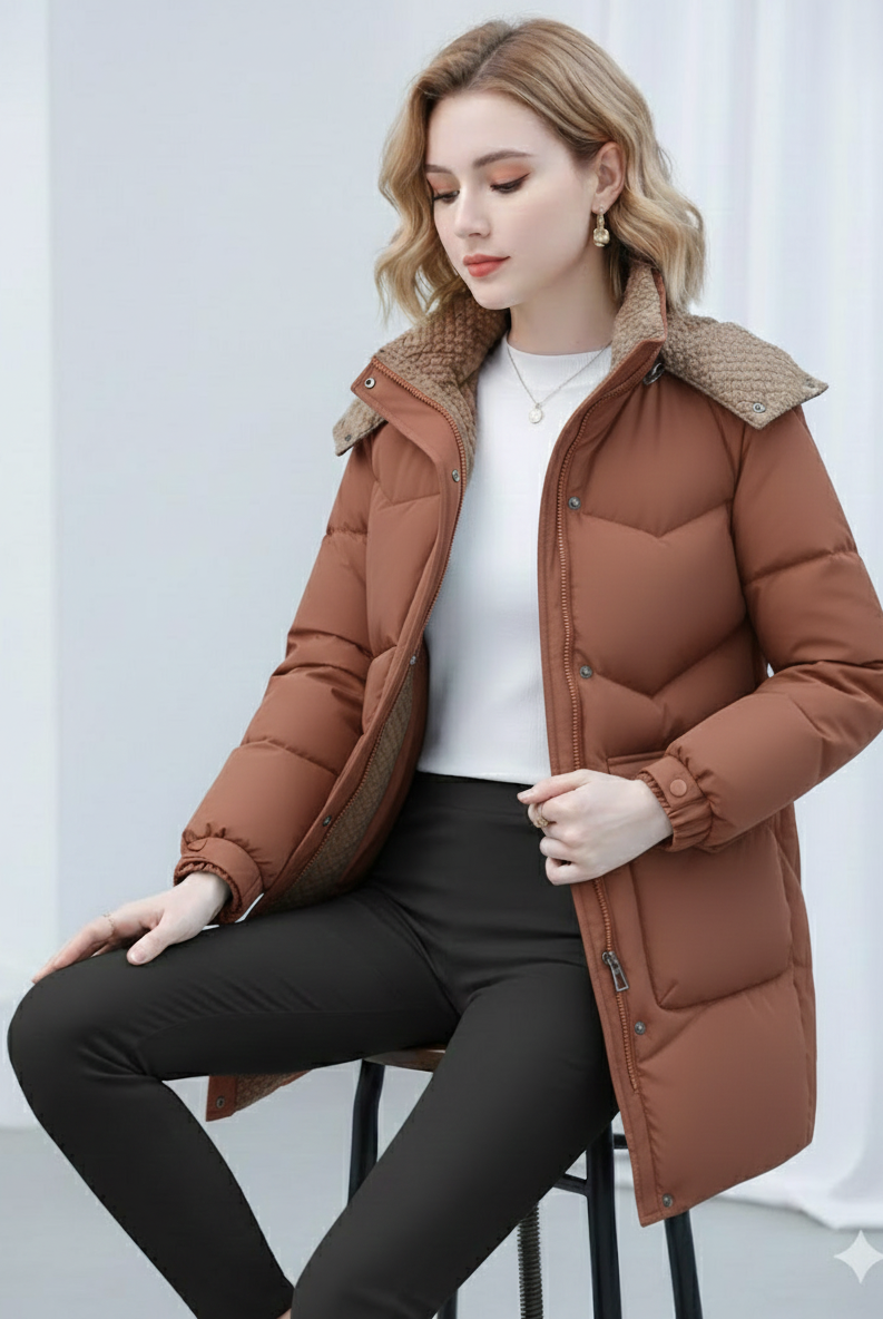 Black Victoria Lumina Wear cozy sherpa-collar hooded puffer coat, lightweight insulated puffer jacket for cold weather.