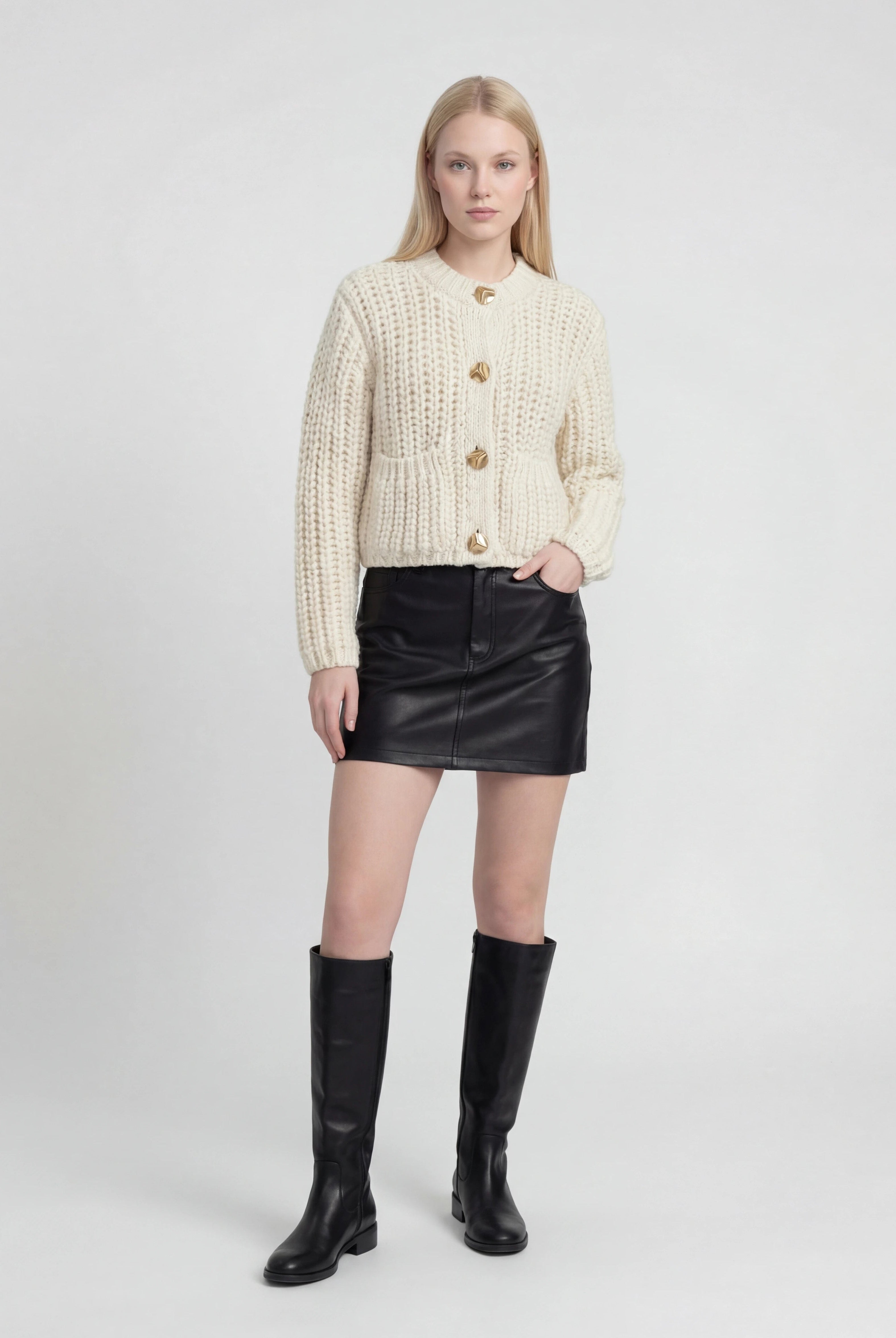 White long cardigan sweater by Lumina Wear featuring a cozy, relaxed fit, perfect for casual or layered winter outfits.