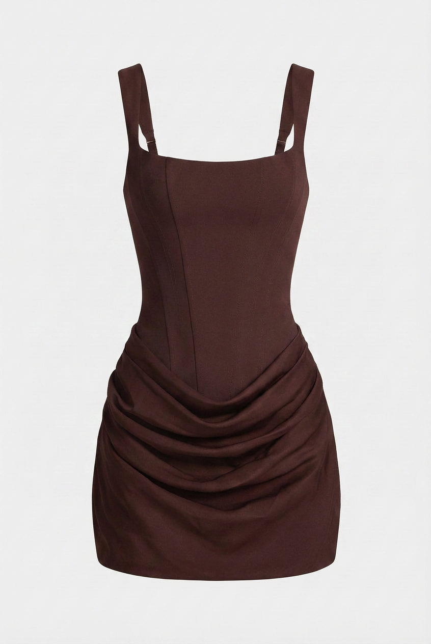 Victoria draped earthy mini dress by Lumina Wear featuring an hourglass fit in mocha, perfect for women's fashion.