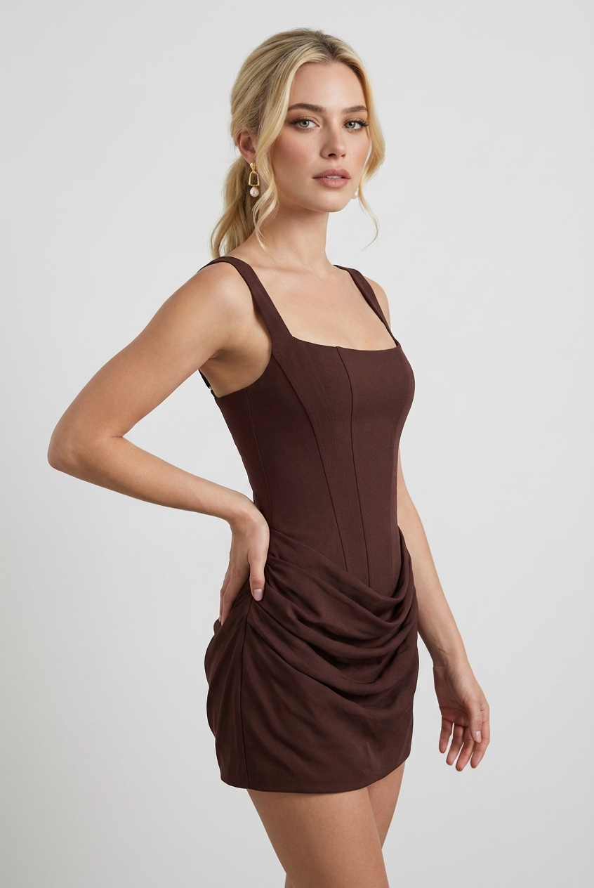Victoria draped earthy mini dress with hourglass fit by Lumina Wear, showcasing mocha color and stylish silhouette.