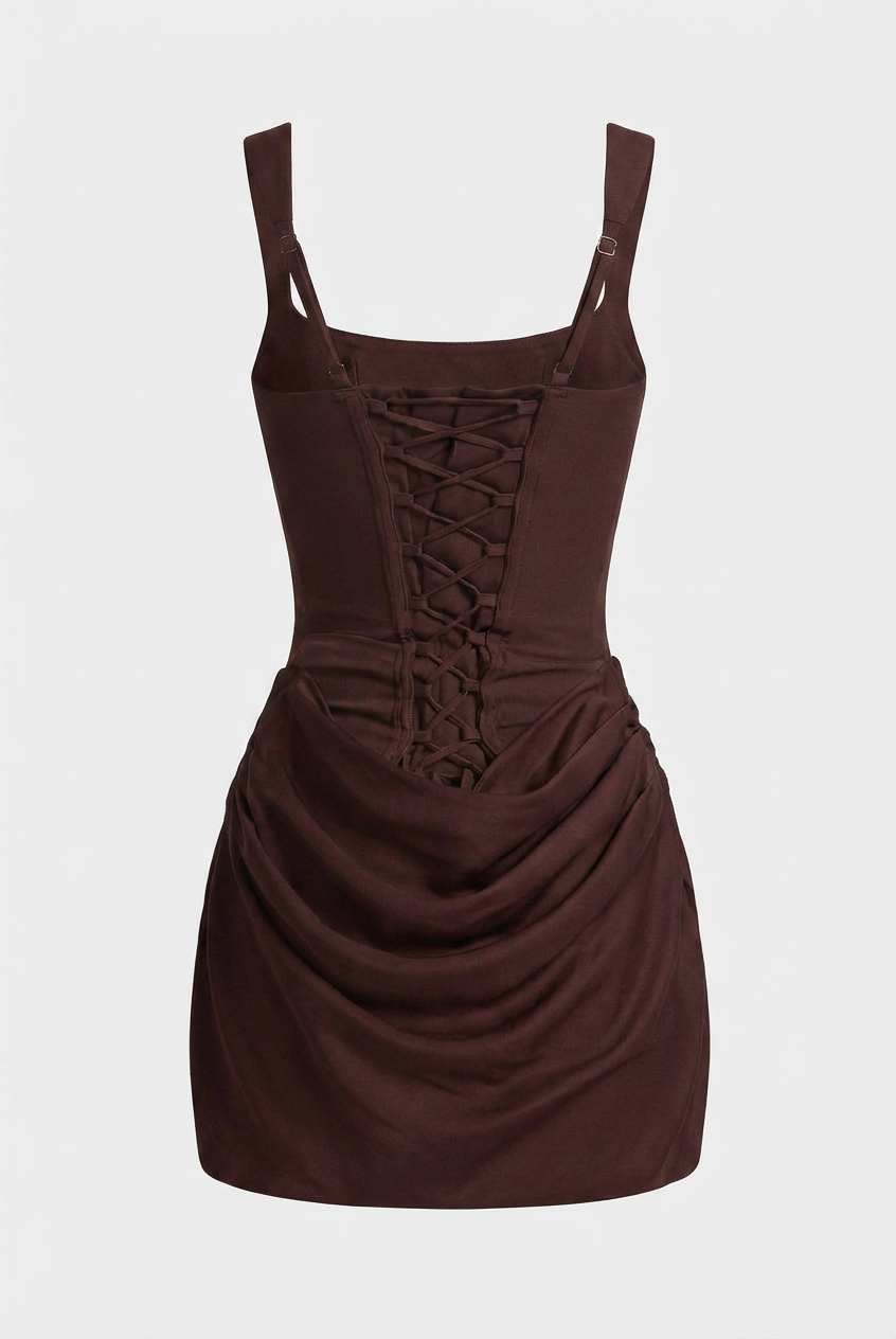 Victoria earthy mini dress by Lumina Wear featuring draped fabric and hourglass fit, in mocha color, women's fashion dress.
