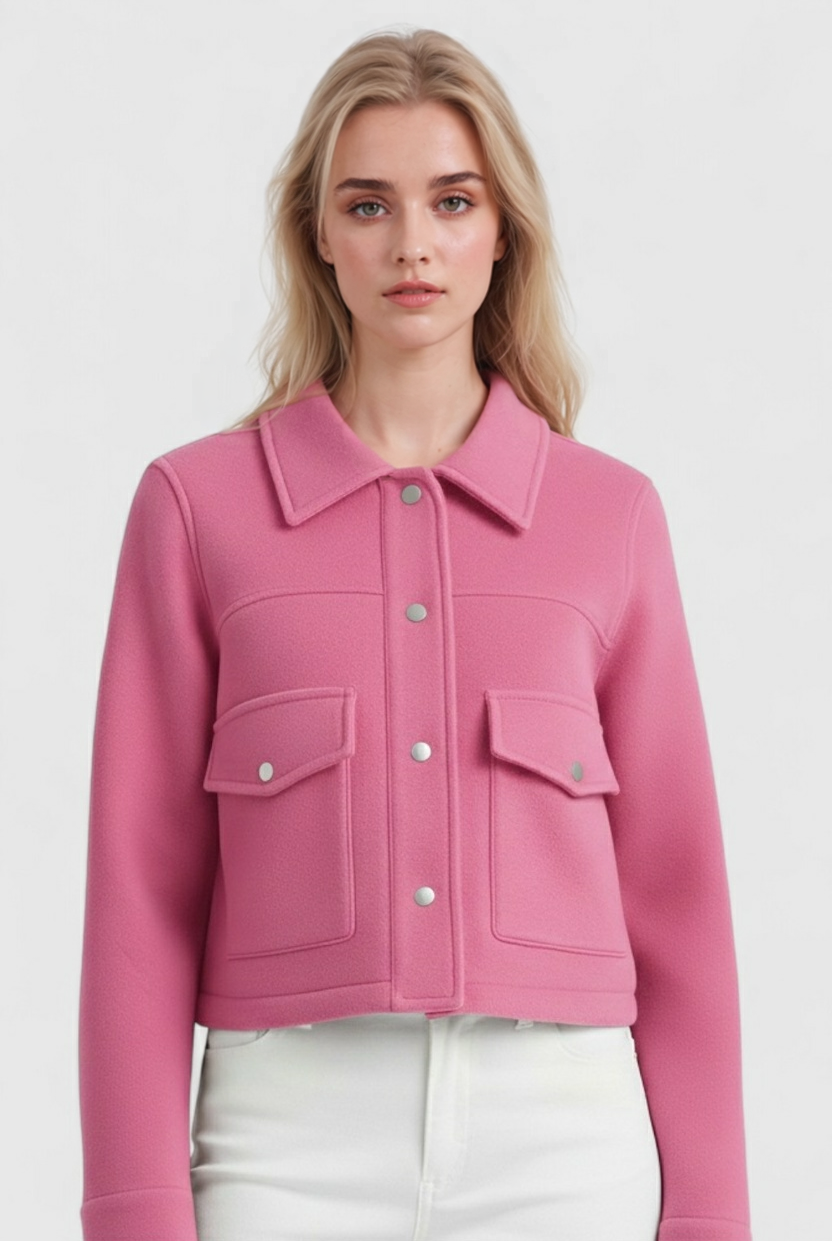 Elegant apricot women's jacket from Lumina Wear featuring a classic button closure and tailored fit.
