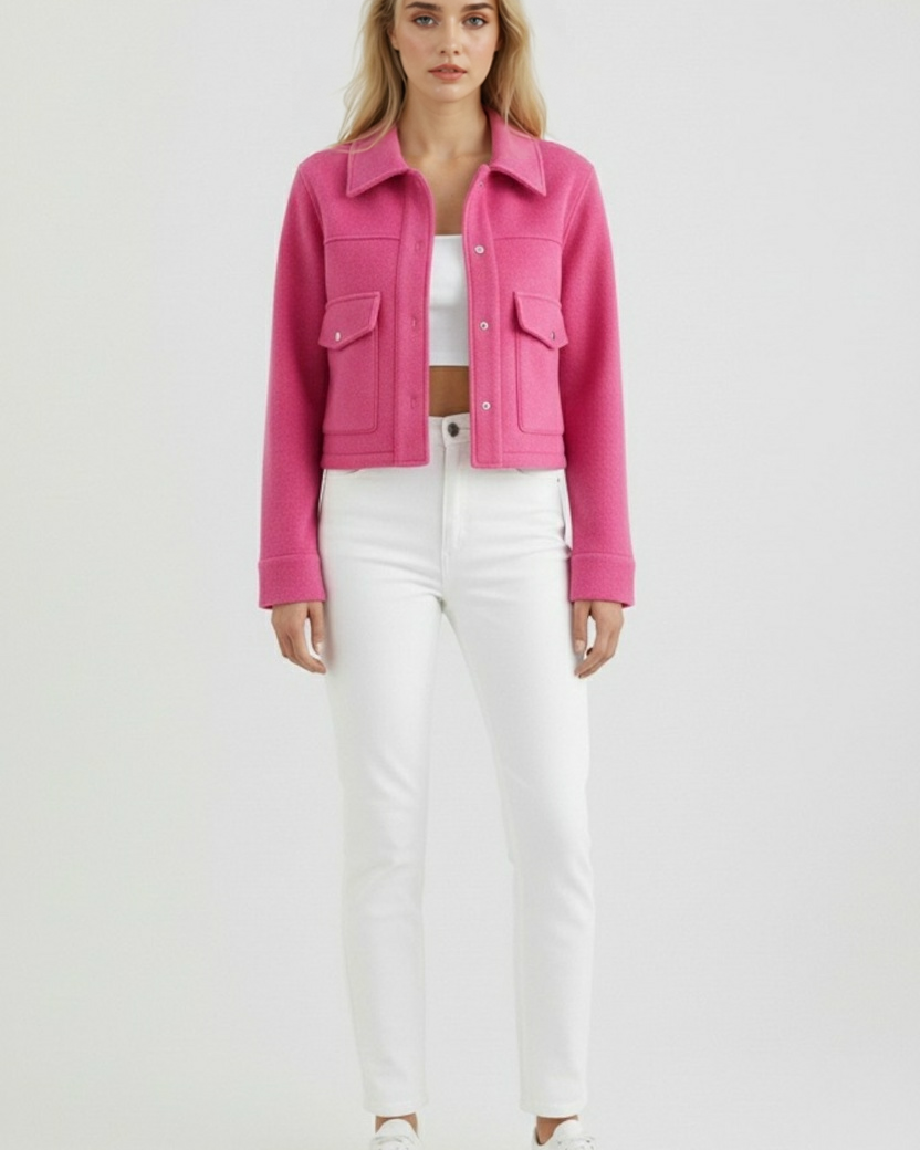 Elegant pink Victoria jacket by Lumina Wear featuring classic button closure, perfect for women's stylish outerwear.