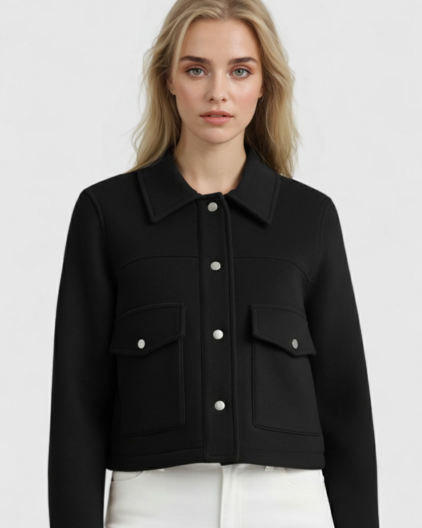 Elegant black Victoria jacket by Lumina Wear featuring button closure and stylish design, perfect for women's fashion.