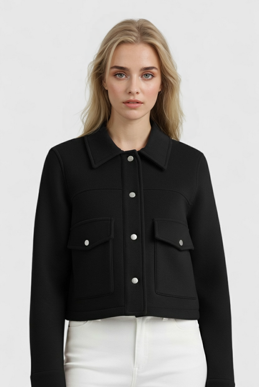 Victoria women's army green jacket with button closure from Lumina Wear, featuring a stylish and elegant design.