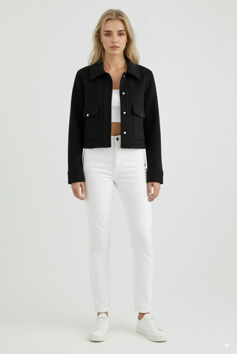 Victoria women's army green jacket with button closure by Lumina Wear, stylish and elegant for versatile casual wear.