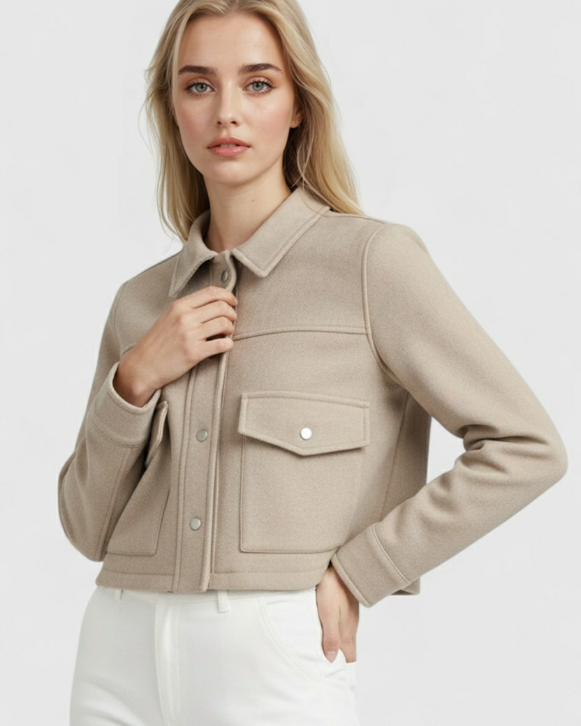 Lumina Wear Victoria elegant autumn jacket in apricot with classic button closure, stylish and lightweight for fall weather.