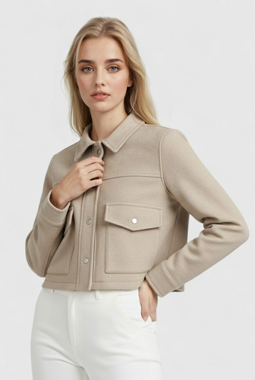 Lumina Wear Victoria elegant autumn jacket with classic button closure in apricot color, stylish and lightweight for fall.